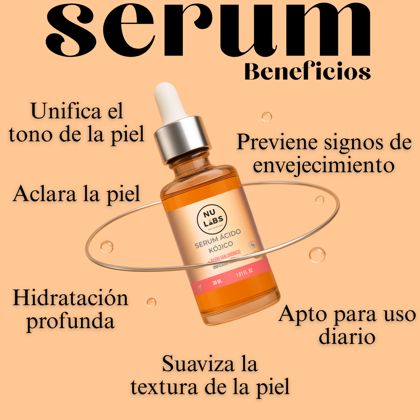 Sérum Ácido Kójico NU LABS – Suero Antimanchas con Ácido Hialurónico – Despigmentante Facial Unificador de Tono – Aclarante para Manchas en Cara – 30 ml