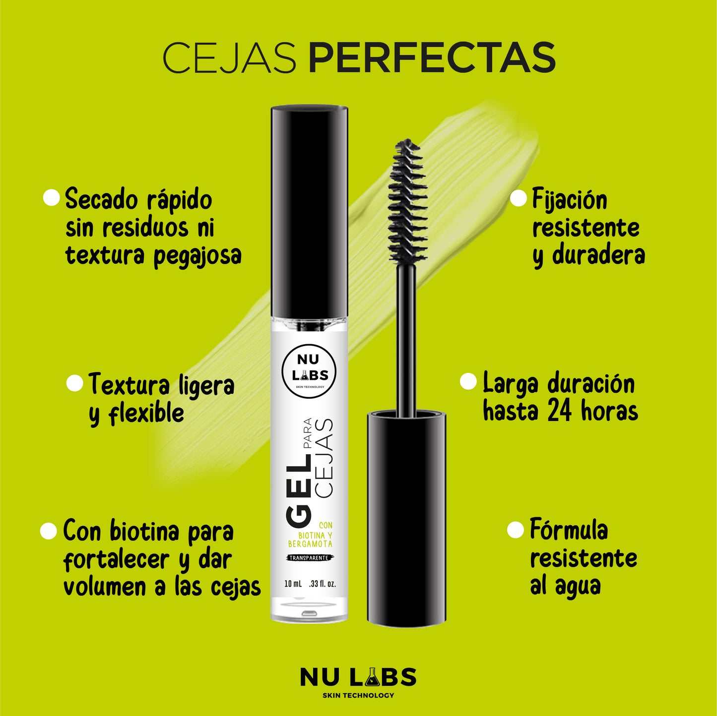 Gel para Cejas Nu Labs - Fijación Ultrafuerte 24H, Resistente al Agua, Con Biotina, Acabado Mate Natural, Cejas Definidas y Voluminosas, Gel Transparente para Cejas, Sin Residuos, Efecto Laminado de cejas 10ml