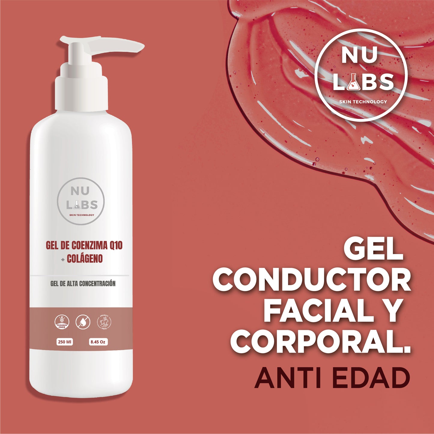 Gel Conductor Facial y Corporal Anti Edad Nu Labs para Aparatología, Rejuvenecimiento con Activos, Estimula Colágeno, Mejora Firmeza, Hidratación Profunda, Suaviza Líneas de Expresión, 250ml