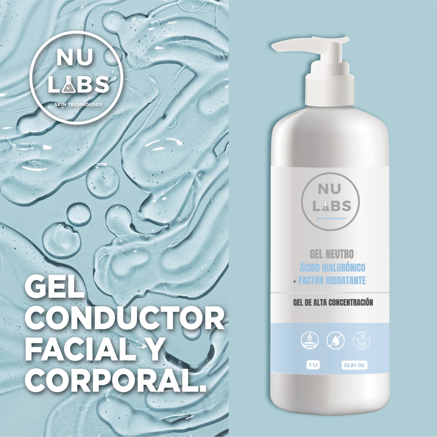 Gel conductor facial con colágeno para aparatología corporal ideal para dispositivo de rejuvenecimiento facial lifting con microcorriente cavitacion y radiofrecuencia Nu Labs 1 litro
