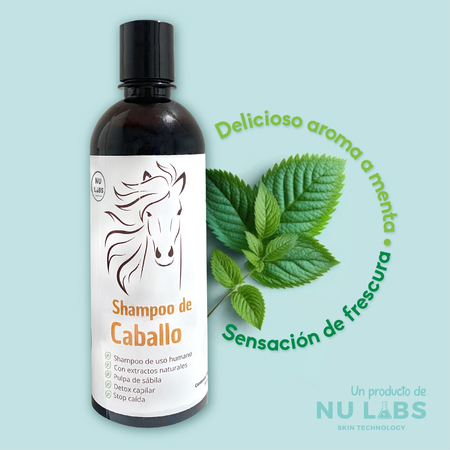 Shampoo de Caballo Nu Labs 500ml | Con Extractos Naturales | Pulpa de Sábila, Romero y Jojoba | PH Neutro | Cruelty-Free y Sin Parabenos | Detox Capilar y Stop Caída | Ideal para Cabello Dañado y Tinturado | Frescura con Aroma a Menta