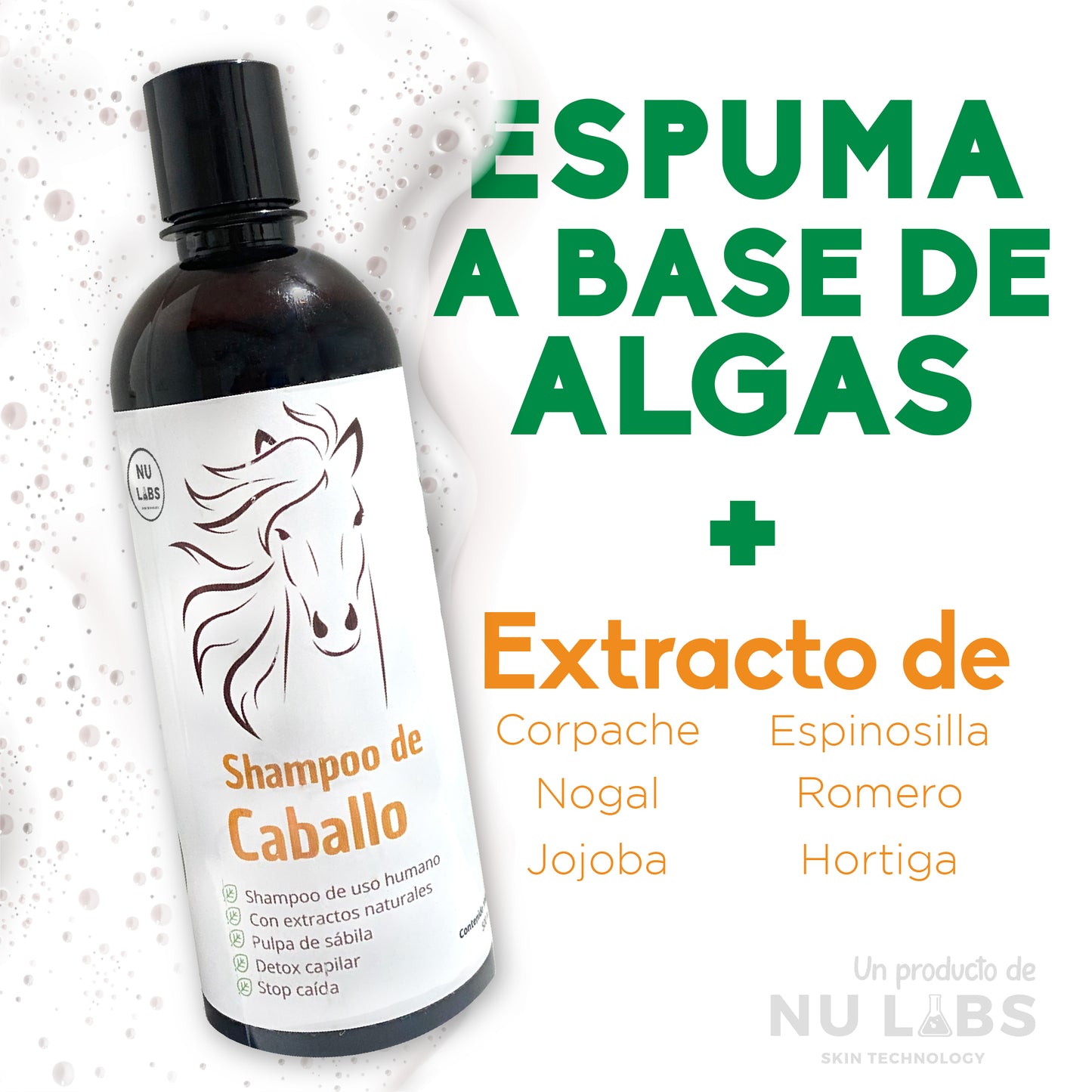 Shampoo de Caballo Nu Labs 500ml | Con Extractos Naturales | Pulpa de Sábila, Romero y Jojoba | PH Neutro | Cruelty-Free y Sin Parabenos | Detox Capilar y Stop Caída | Ideal para Cabello Dañado y Tinturado | Frescura con Aroma a Menta