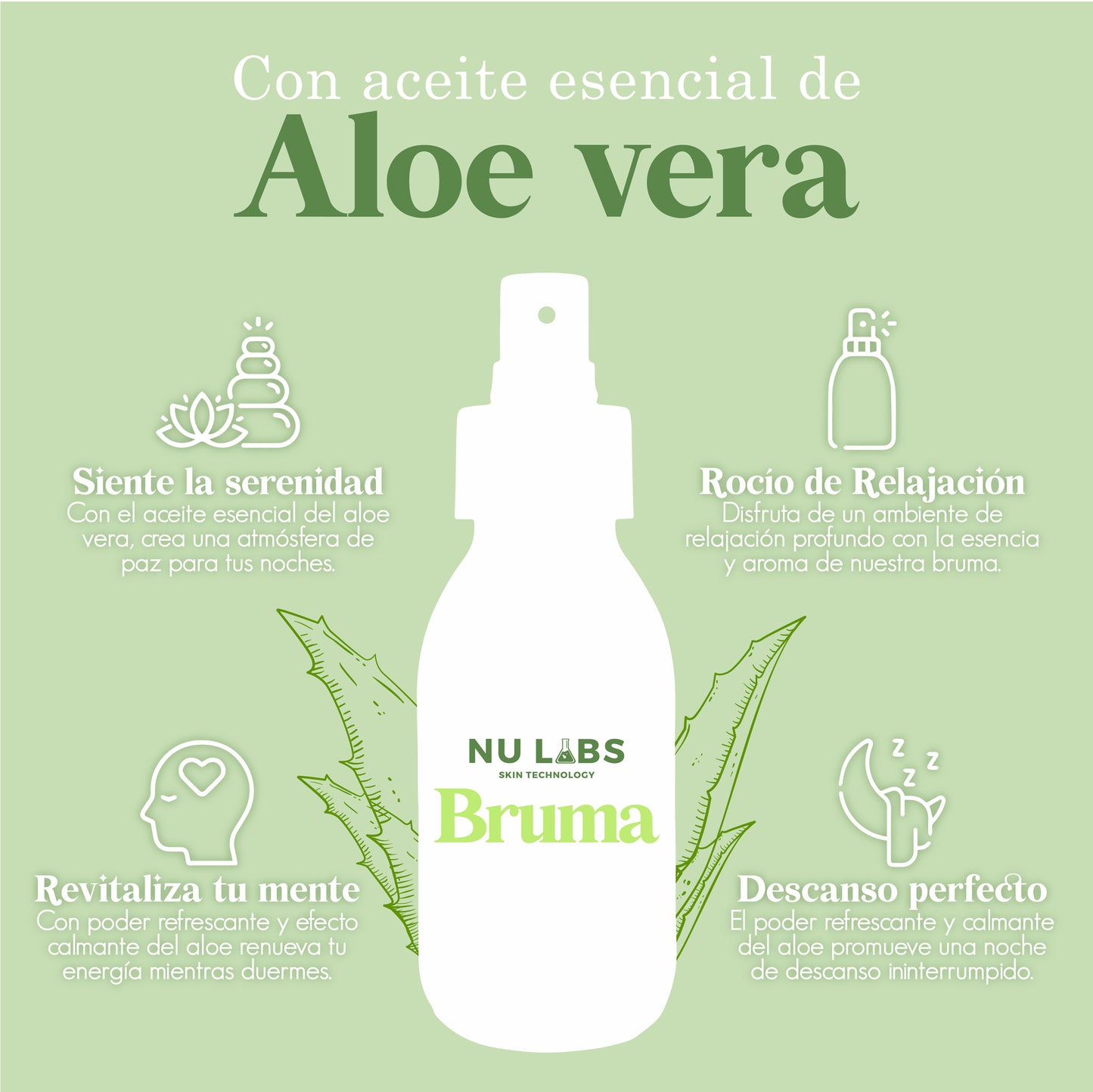 Bruma de Cama con Aceite Esencial de Aloe Vera | Spray Relajante para Dormir Mejor | Aromatizante Natural para Hogar, Almohadas y Habitaciones | Promueve el Descanso y Reduce el Estrés | Frescura Calmante con Ingredientes Naturales | Nu Labs 120 ml