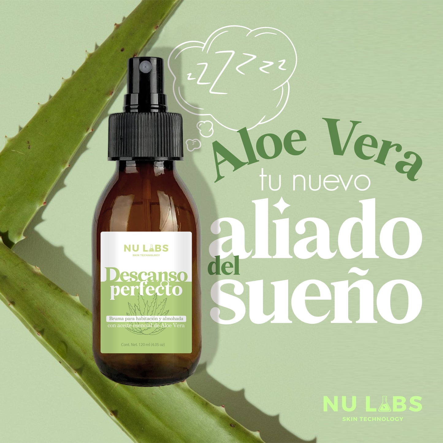 Bruma de Cama con Aceite Esencial de Aloe Vera | Spray Relajante para Dormir Mejor | Aromatizante Natural para Hogar, Almohadas y Habitaciones | Promueve el Descanso y Reduce el Estrés | Frescura Calmante con Ingredientes Naturales | Nu Labs 120 ml