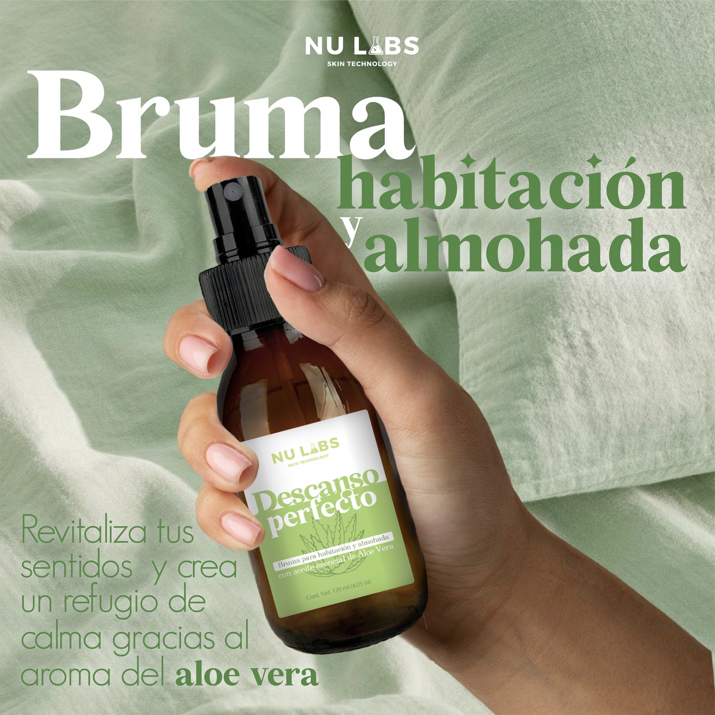Bruma de Cama con Aceite Esencial de Aloe Vera | Spray Relajante para Dormir Mejor | Aromatizante Natural para Hogar, Almohadas y Habitaciones | Promueve el Descanso y Reduce el Estrés | Frescura Calmante con Ingredientes Naturales | Nu Labs 120 ml
