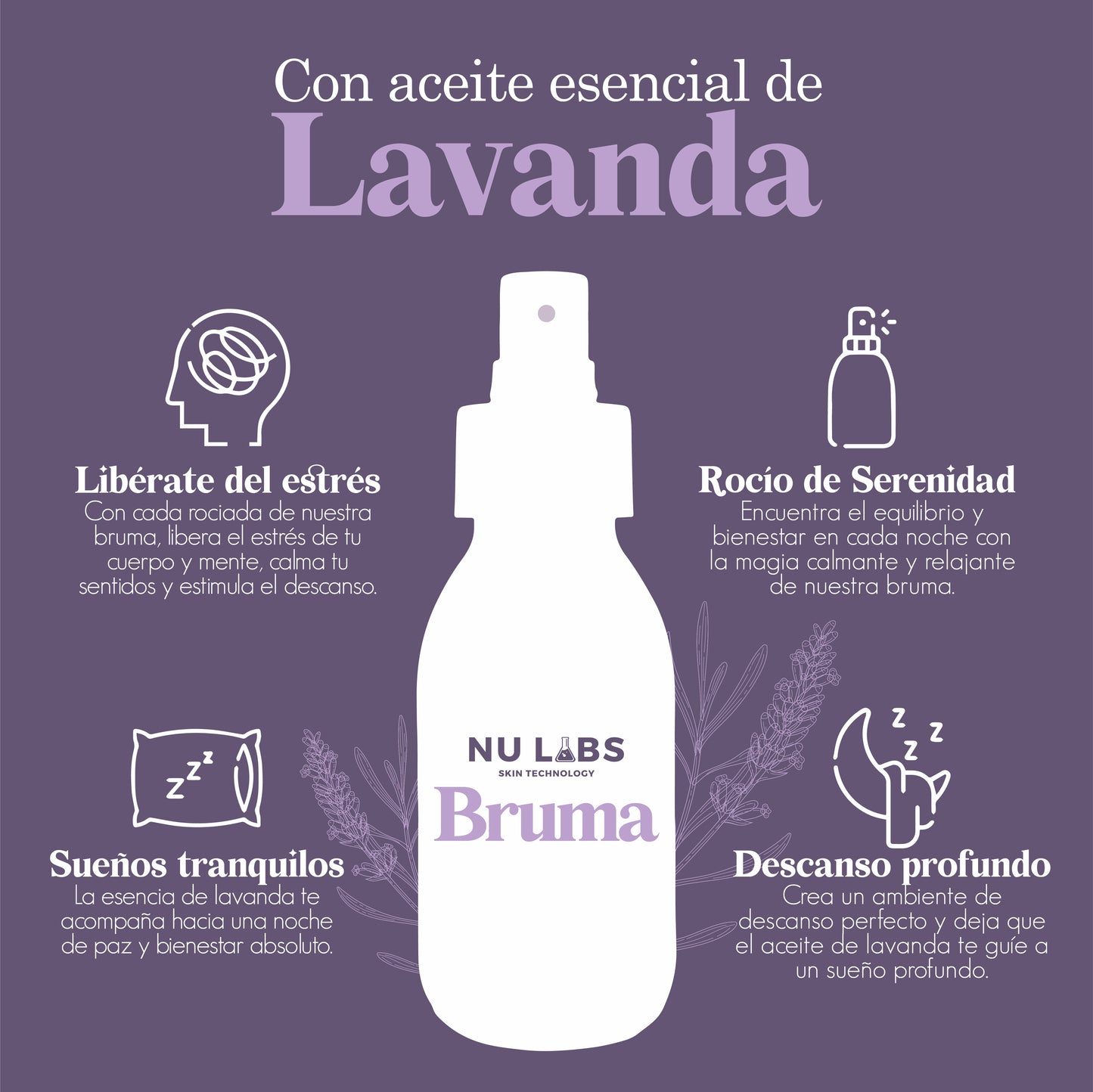 Bruma de Cama con Aceite Esencial de Lavanda | Spray Relajante para Dormir Mejor | Aromatizante Natural para Almohadas y Habitaciones | Sueño Profundo y Reducción de Estrés | Frescura y Serenidad con Lavanda Pura | Nu Labs 120 ml
