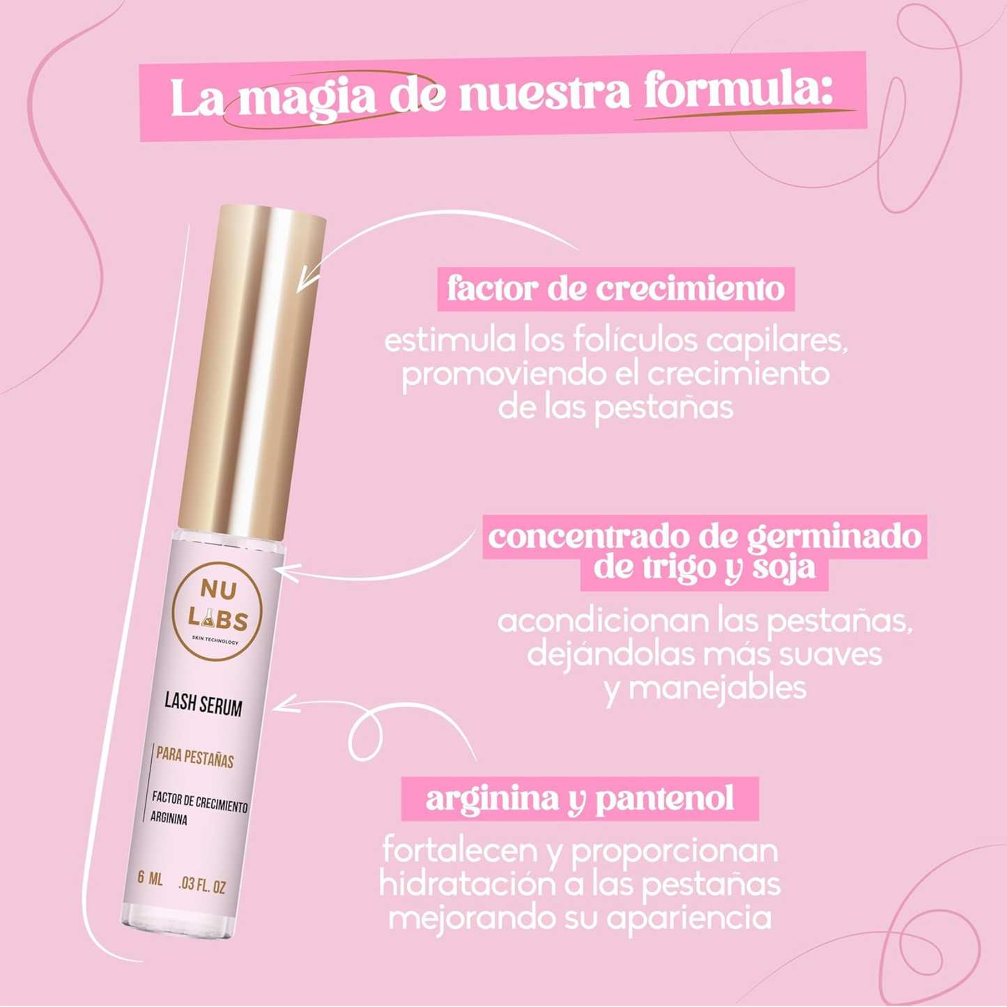 Sérum para Crecimiento de Pestañas Largas y Fuertes - Nutrición con Arginina y Biotina, amplificador de pestañas, Cruelty-Free, 6ml - Nu Labs Skin Technology