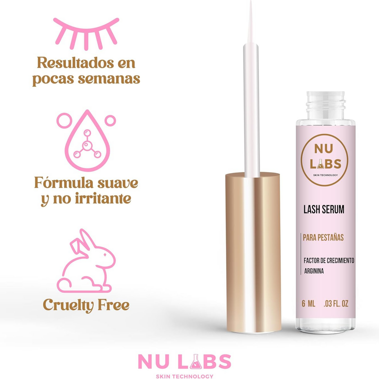Sérum para Crecimiento de Pestañas Largas y Fuertes - Nutrición con Arginina y Biotina, amplificador de pestañas, Cruelty-Free, 6ml - Nu Labs Skin Technology