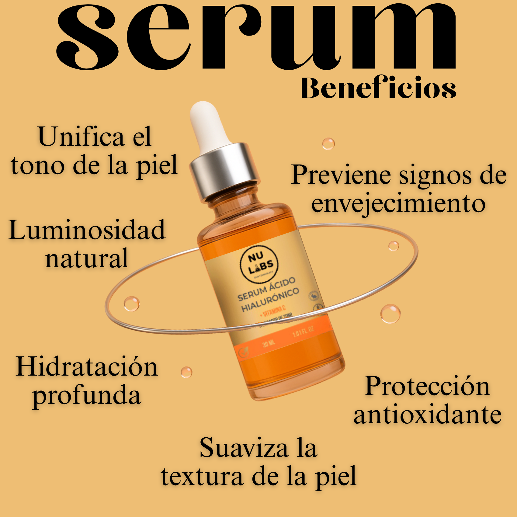 Sérum Facial con Ácido Hialurónico y Vitamina C, Unificador de Tono
