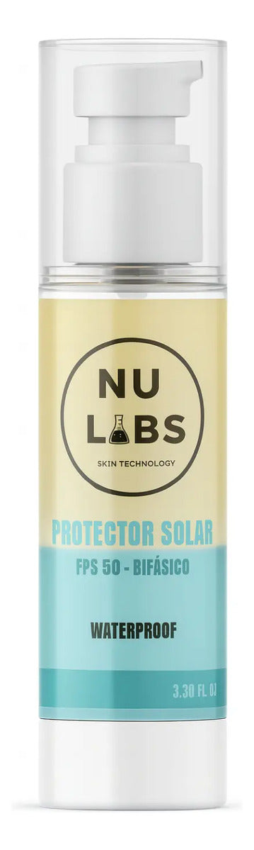 Etiqueta del protector solar FPS 50 bifásico waterproof Nu Labs