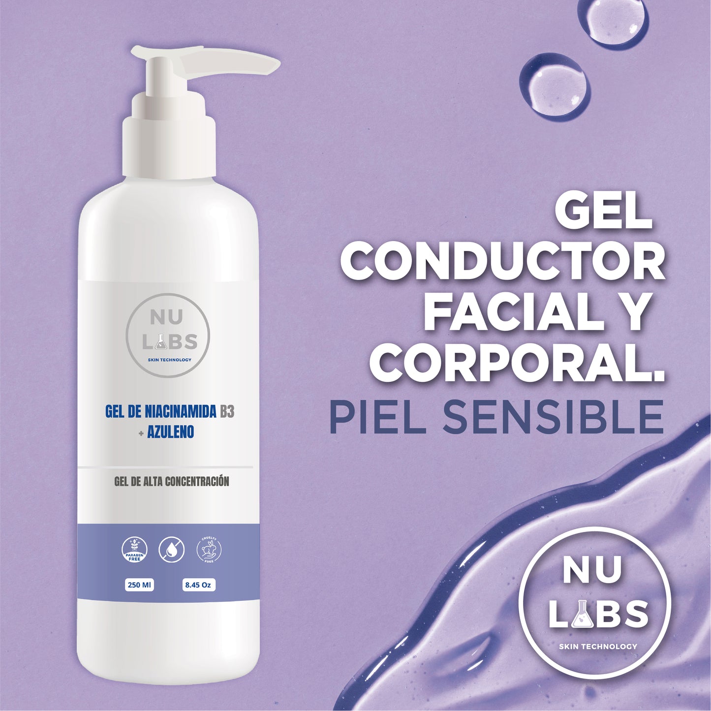 Gel Conductor para Piel Sensible Facial y Corporal, Calma y Protege, Hidratación Profunda, Mejora Eficacia de Tratamientos de Aparatología, Reduce Sensibilidad e Inflamación, 250ml Nu Labs