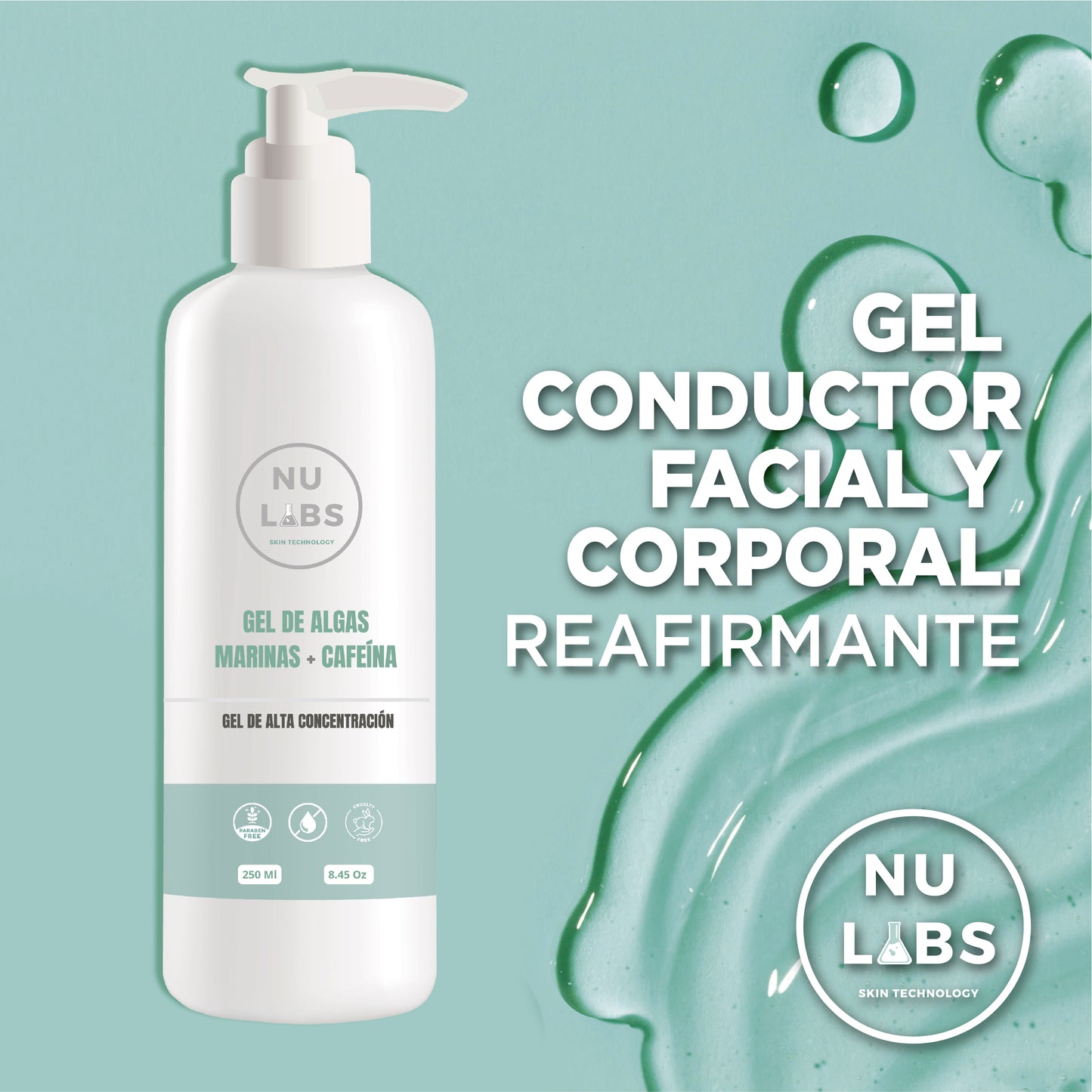 Gel Conductor Reafirmante Nu Labs 250ml para Aparatología, Efecto Lifting, Mejora Elasticidad y Tonifica, Reduce Flacidez y Arrugas, Activos Anti Edad