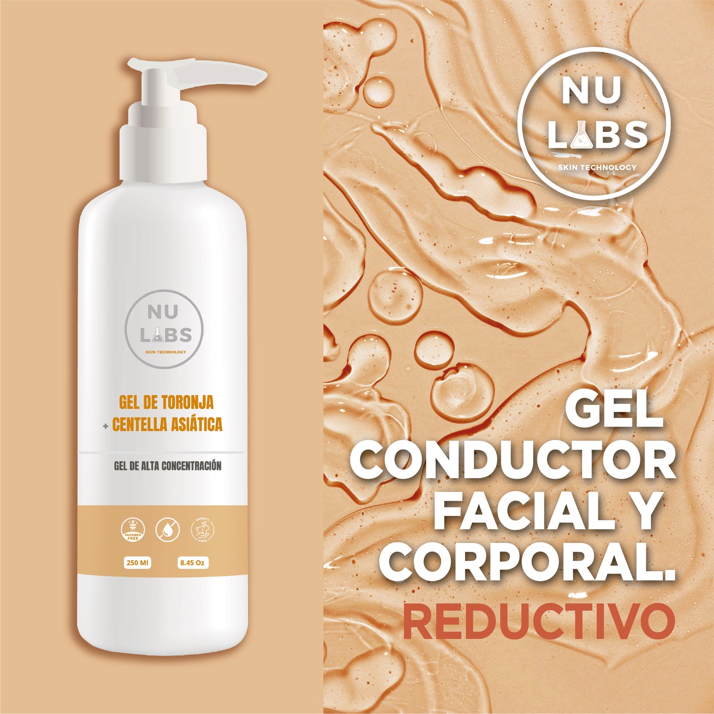 Gel Conductor Reductivo Corporal para Aparatología, Favorece Reducción de Medidas y Combate Celulitis, Tonifica y Alisa la Piel, Mejora Circulación y Define Contornos, 250ml Nu Labs