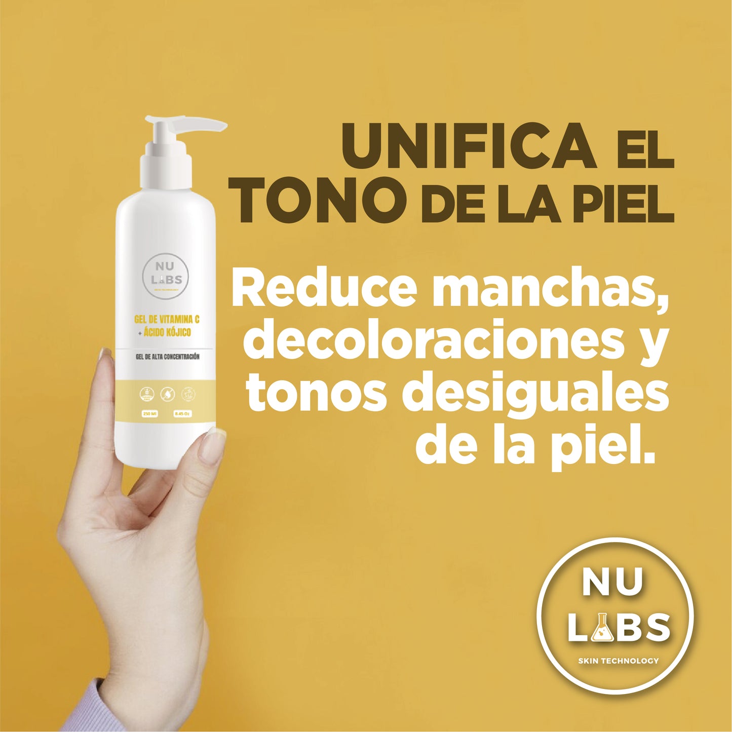 Gel Conductor Unificador de Tono Facial y Corporal para Aparatología, Reduce Manchas e Hiperpigmentación, Ilumina y Suaviza la Piel, Promueve Renovación Celular, 250ml Nu Labs