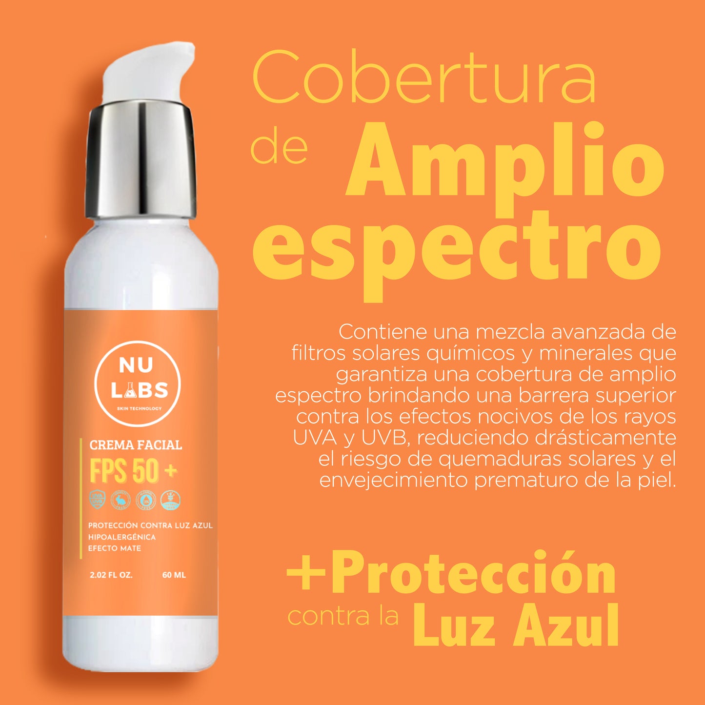 Nu Labs | Protector Solar Facial FPS 50+ | Máxima Protección UVA, UVB y Luz Azul Digital | Enriquecido con Colágeno | Amigable con los Arrecifes | Textura Ligera y No Grasosa 60ml