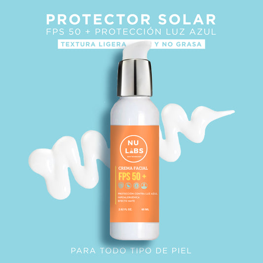 Nu Labs | Protector Solar Facial FPS 50+ | Máxima Protección UVA, UVB y Luz Azul Digital | Enriquecido con Colágeno | Amigable con los Arrecifes | Textura Ligera y No Grasosa 60ml