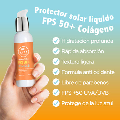 Nu Labs | Protector Solar Facial FPS 50+ | Máxima Protección UVA, UVB y Luz Azul Digital | Enriquecido con Colágeno | Amigable con los Arrecifes | Textura Ligera y No Grasosa 60ml