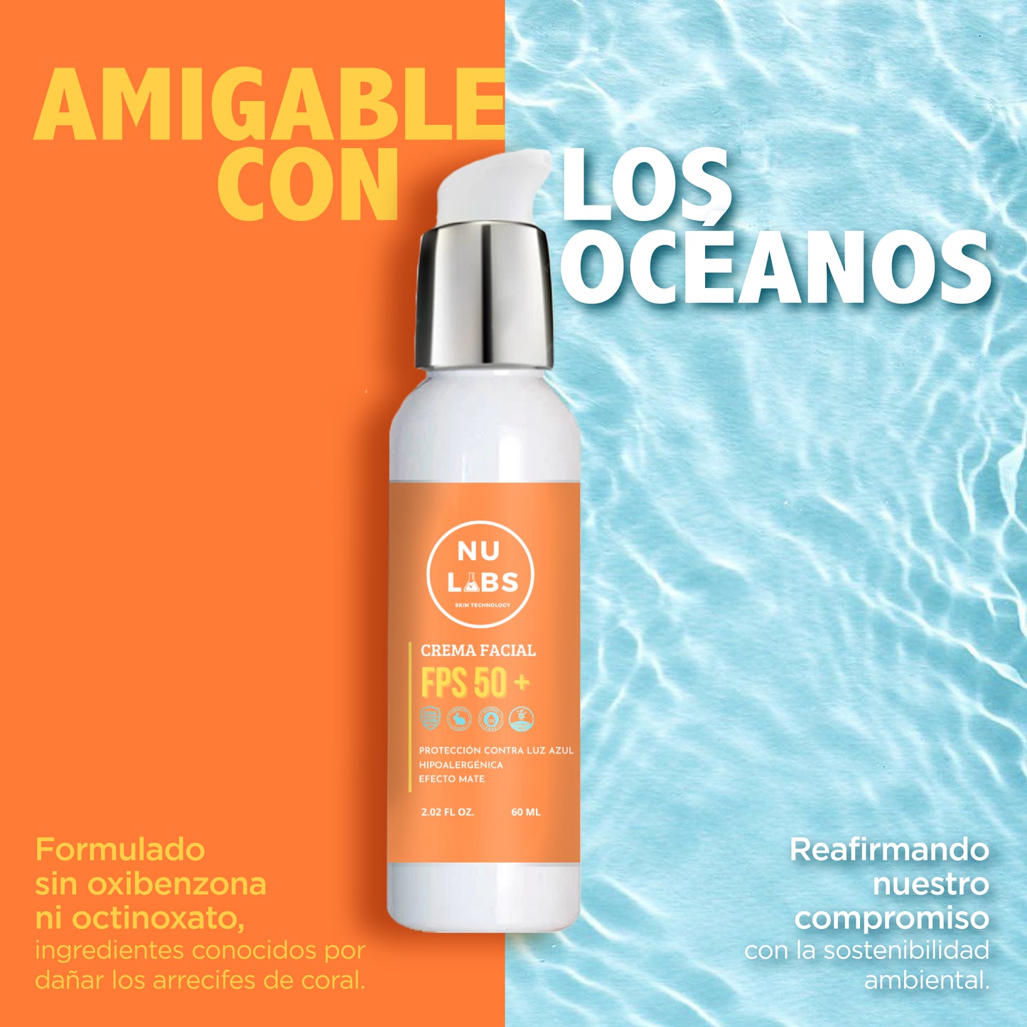 Nu Labs | Protector Solar Facial FPS 50+ | Máxima Protección UVA, UVB y Luz Azul Digital | Enriquecido con Colágeno | Amigable con los Arrecifes | Textura Ligera y No Grasosa 60ml