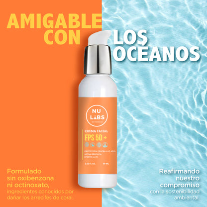 Nu Labs | Protector Solar Facial FPS 50+ | Máxima Protección UVA, UVB y Luz Azul Digital | Enriquecido con Colágeno | Amigable con los Arrecifes | Textura Ligera y No Grasosa 60ml
