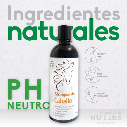 Shampoo de Caballo Nu Labs 500ml | Con Extractos Naturales | Pulpa de Sábila, Romero y Jojoba | PH Neutro | Cruelty-Free y Sin Parabenos | Detox Capilar y Stop Caída | Ideal para Cabello Dañado y Tinturado | Frescura con Aroma a Menta