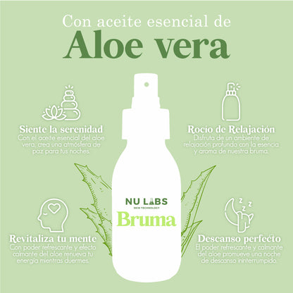 Bruma de Cama con Aceite Esencial de Aloe Vera | Spray Relajante para Dormir Mejor | Aromatizante Natural para Hogar, Almohadas y Habitaciones | Promueve el Descanso y Reduce el Estrés | Frescura Calmante con Ingredientes Naturales | Nu Labs 120 ml