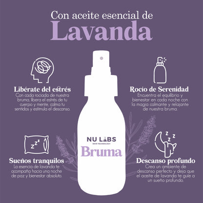 Bruma de Cama con Aceite Esencial de Lavanda | Spray Relajante para Dormir Mejor | Aromatizante Natural para Almohadas y Habitaciones | Sueño Profundo y Reducción de Estrés | Frescura y Serenidad con Lavanda Pura | Nu Labs 120 ml