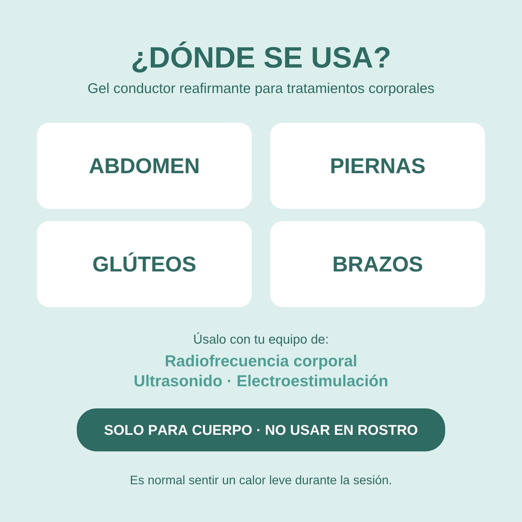 Dónde se usa el gel conductor reafirmante corporal: abdomen, piernas, glúteos y brazos, con radiofrecuencia, ultrasonido y electroestimulación